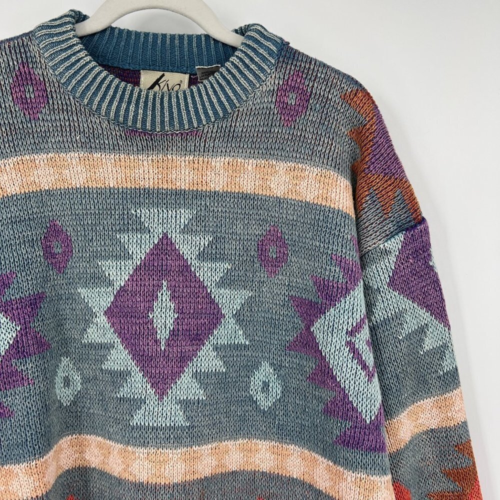 Vintage Kiya 80s 90s sweater grandpa aztec tribal geometrical print men's size m - Picture 4 of 12